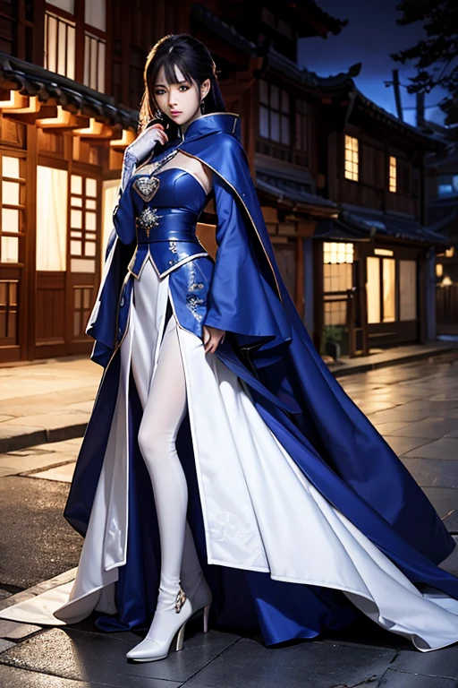 South korea walk women mystery hooded on with modern royal Blue coat with long and wide sleeves with buttons and royal Blue cape and very high white heel over the knee and white gloves, As she reveals a small secret hidden blade coming from his palm , adding to the characters mysterious, with small movements of air on the cape, in summer at night under the rain,medieval south korea house. sophisticated and highly detailed, ultra hd, realistic, hyper detailed, enhanced colours, ultra sharp focus, with vibrant, rich in details High quality, gorgeous, captivating, 8k, super detailed, stunning shadows, detailed lines, blood stain on coat and gloves, corpses in the street recently murdered