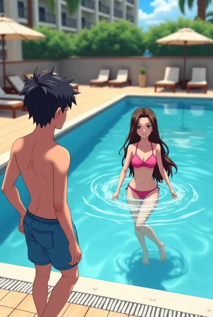 Black-haired boy in swimming shorts arrives at a hotel pool, while a brunette girl with long curly hair is inside the pool wearing a pink two-piece swimsuit