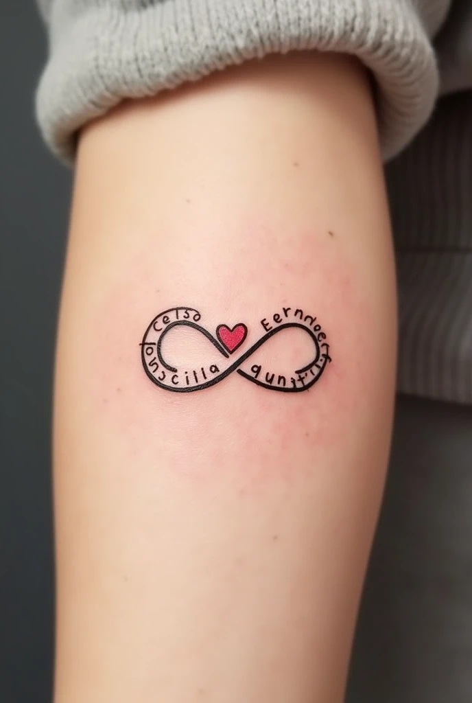 I want a minimalist tattoo design of the infinity symbol, with a small heart in the middle forming part of the line and on one side on the lines of infinity the name Celso and on the other the name Eterno In Portuguese