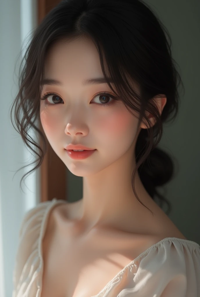 24-years-old　Japanese　Beautiful woman　Realistic beauty　Medium　Smooth Hair　Natural Hair Color　Elegant impression. Clear facial features.　Big black eyes　Small Mouth　Glowing Skin