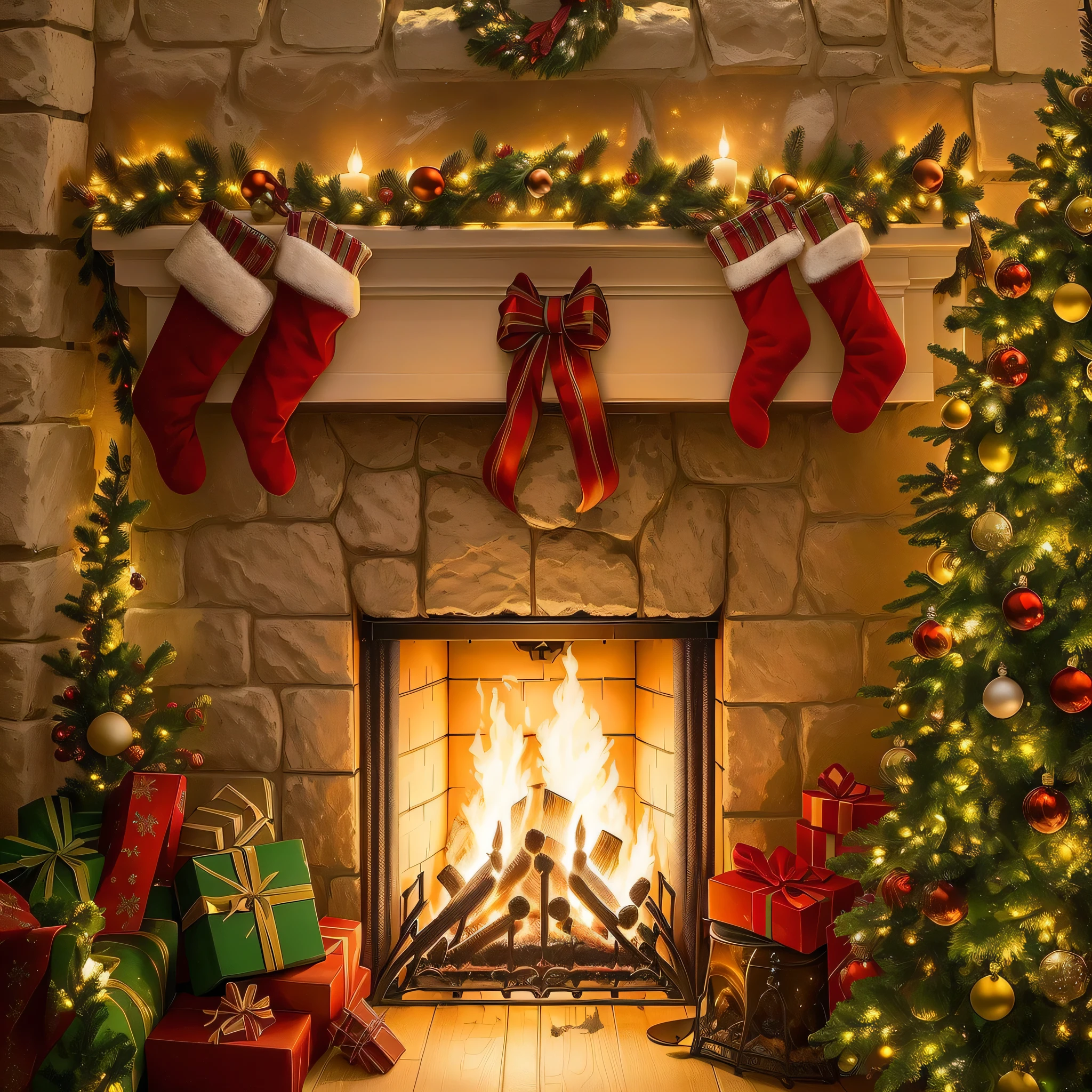 fireplace with christmas decorations and stockings hanging over it, shutter, in stock, Christmas Eve, in front of a fireplace, beautiful!, warm fireplace, fireplace, cosy fireplace, Best selection on Adobe Stock, Traditional Arts, traditional fireplace, Warm and convivial atmosphere, Photo still, beautiful!!!, Light Up, contest winning masterpiece, Amazing background, fireplace lighting, Gift, Comfort