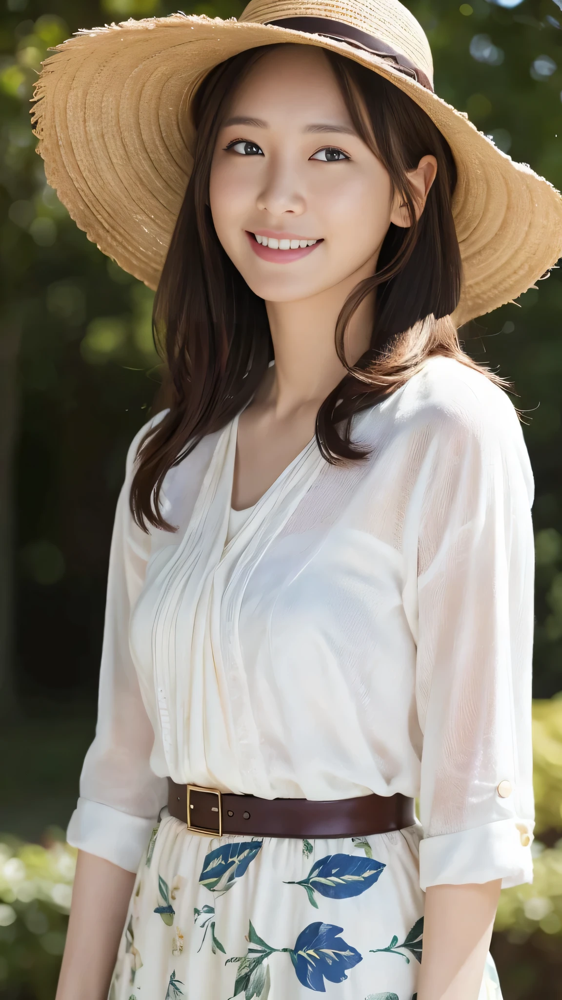 (Surreal), (High resolution), (8k), (Very detailed), (Beautiful and detailed), (Highest quality), (Very detailedな), (masterpiece), (Detailed face), Soft Focus、Yui Arakaki's face、Huge 、Japanese、Park Background、Tie your hair、Laughter、Floral dress、Straw hat、Full body shut、Brown Hair、The best smile、One screen, one person、Only one person