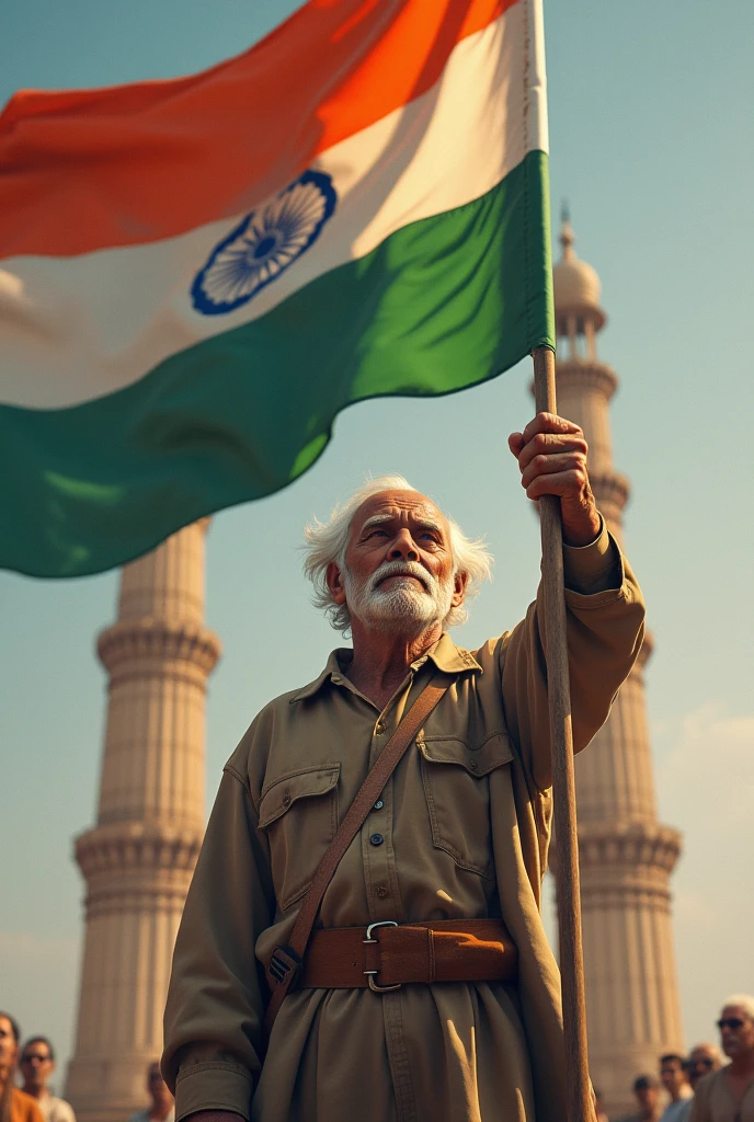 an old man holding a flag facing the national monument