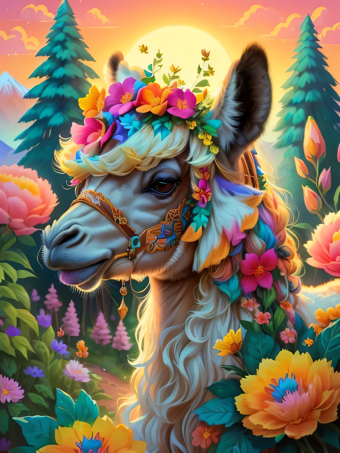 Camel with flowers in hair，Forest in the background, Camel anthropomorphic portrait, Lovely and detailed digital art, wild fluffy Camel portrait, Camel portrait, colorful、Rich in details, detailed beautiful animals, lisa frank (lisa frank) Portrait, Camel Sunrise Angel, Camel portrait, Cute numbers, Mountain scene，Alpaca face as background, Camel all the way，8k