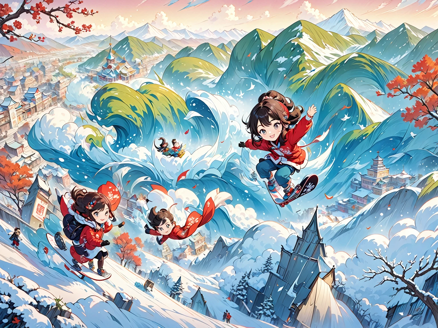 A cartoon man on snowboard in the city, Official Fanart, 8K cartoon illustration, Hand drawn cartoon art style, Cold as ice! 🧊, Official Art, Official Artwork, Official illustrations, Dreamy China, Propaganda Art in the 2020s, A beautiful artistic illustration, Lovely and detailed digital art, Beijing, Inspired by Ma Yuanyu,Heilongjiang,church,Harbin Sofia Church,
