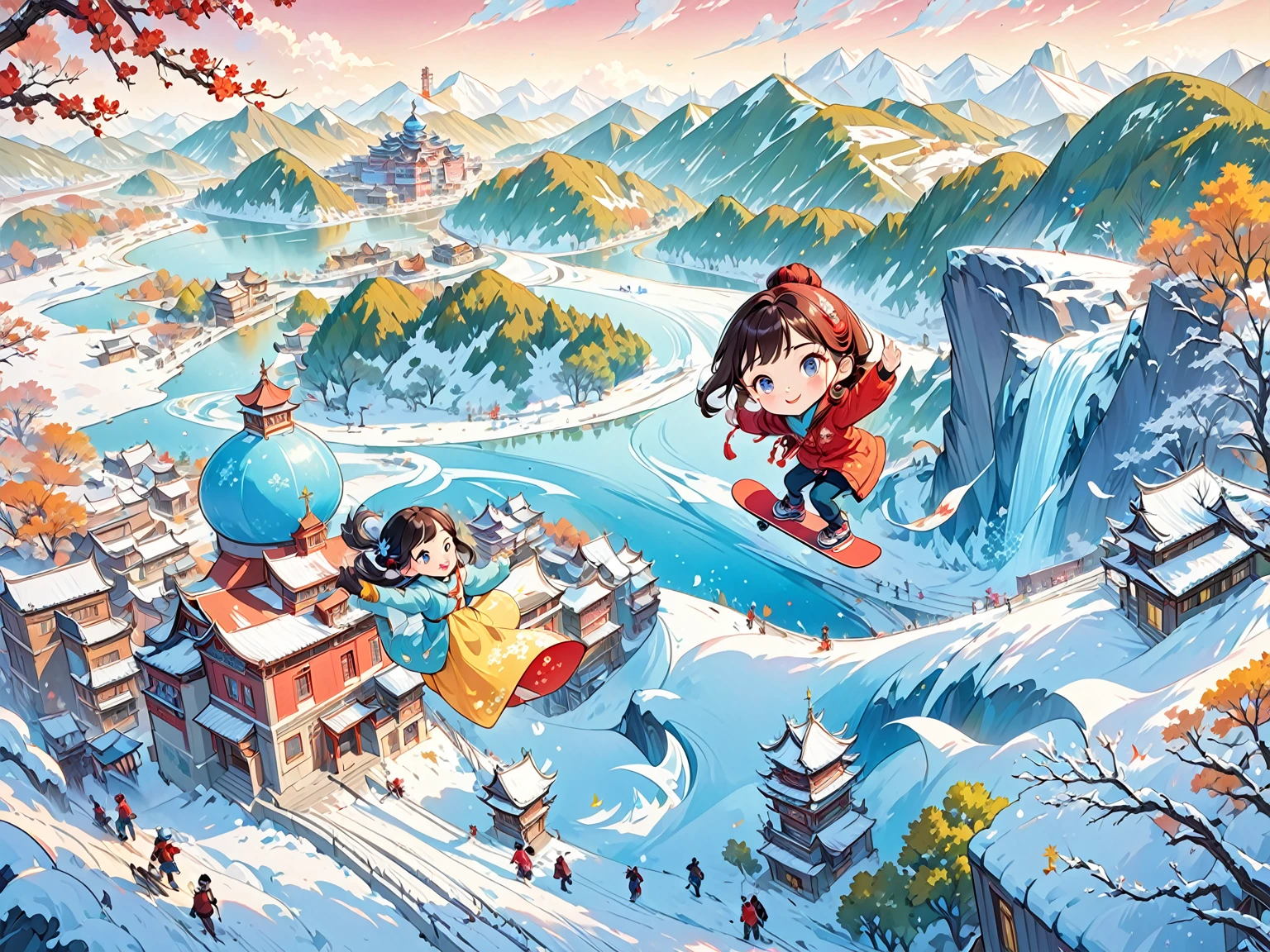 A cartoon man on snowboard in the city, Official Fanart, 8K cartoon illustration, Hand drawn cartoon art style, Cold as ice! 🧊, Official Art, Official Artwork, Official illustrations, Dreamy China, Propaganda Art in the 2020s, A beautiful artistic illustration, Lovely and detailed digital art, Beijing, Inspired by Ma Yuanyu,Heilongjiang,church,Harbin Sofia Church,