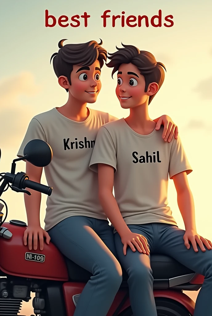 Two boy friends sitting on a pulsar n160 bike. And on one's shirt Krishna should be written and on the other's shirt Sahil should be written. And 'Best Friends' is written above.