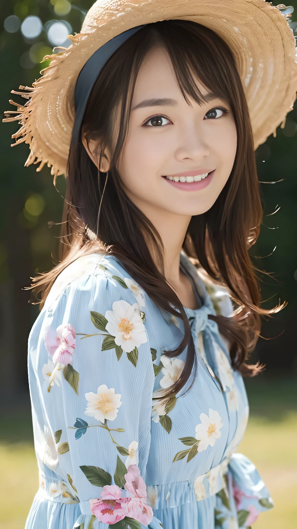 (Surreal), (High resolution), (8k), (Very detailed), (Beautiful and detailed), (Highest quality), (Very detailedな), (masterpiece), (Detailed face), Soft Focus、Yui Arakaki's face、Huge 、Japanese、Park Background、Tie your hair、Laughter、Floral dress、Straw hat、Full body shut、Brown Hair、The best smile、One screen, one person、Only one person