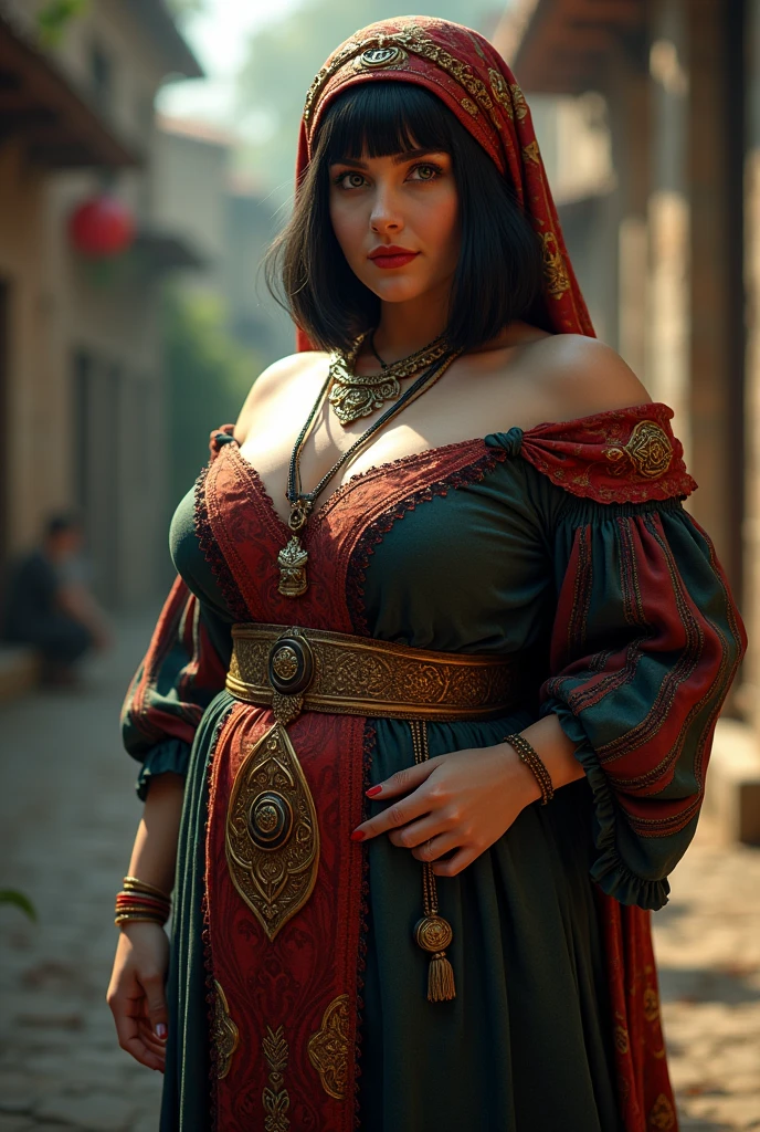 woman, shoulder-length straight black hair, medium bust, plump, headscarf, dressed as a card fortune teller, gypsy, standing, looking at the camera, photorealistic