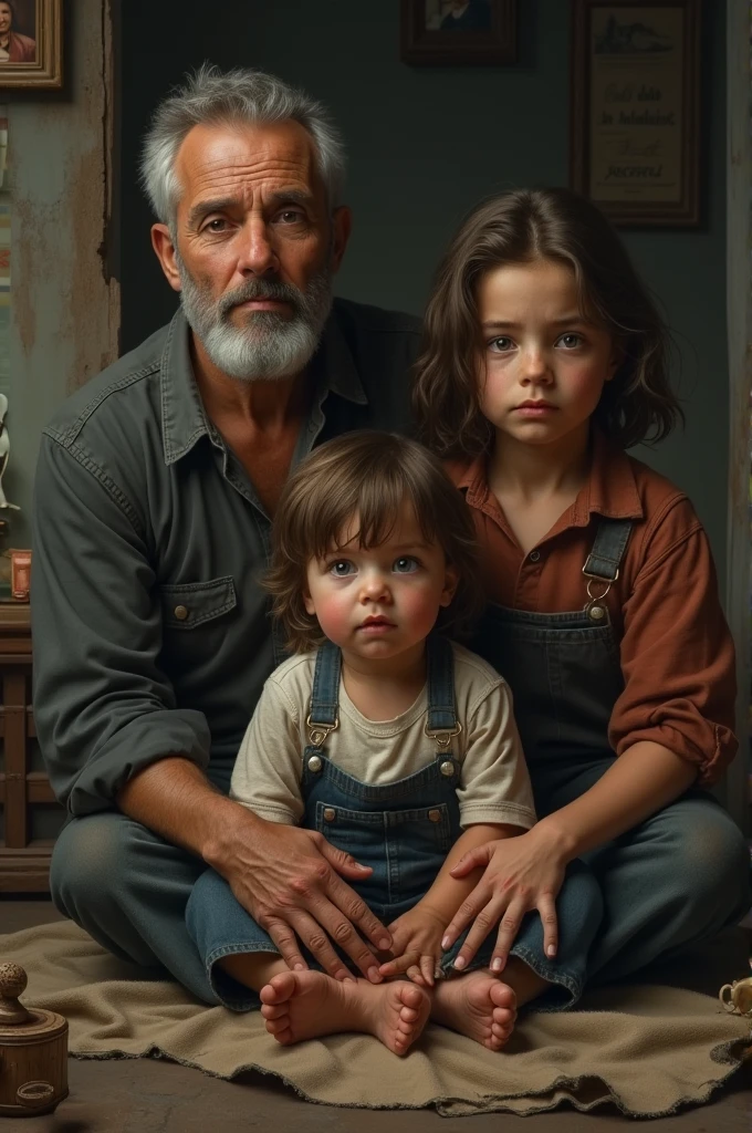 Fais une photo d'un homme de 42 ans jeune technicien qui est pauvre avec sa femme et ces enfants triste ((Child close-up))