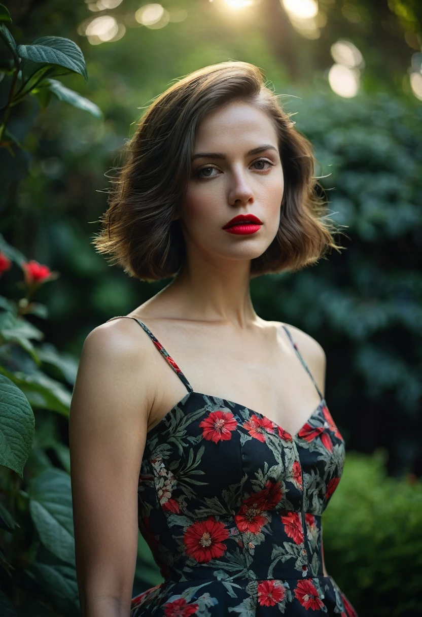 short hair, (sharp focus:1.2), photo, attractive young woman, (beautiful face:1.1), detailed eyes, luscious lips, (bold red lip colour:0.85), (medium breasts:1.0), (slim body:1.2), (long hair:1.2), wearing (1980s peplum dress:1.2) in a (botanical garden:1.2). (moody lighting:1.2), depth of field, bokeh, 4K, HDR. by (James C. Christensen:1.2|Jeremy Lipking:1.1).