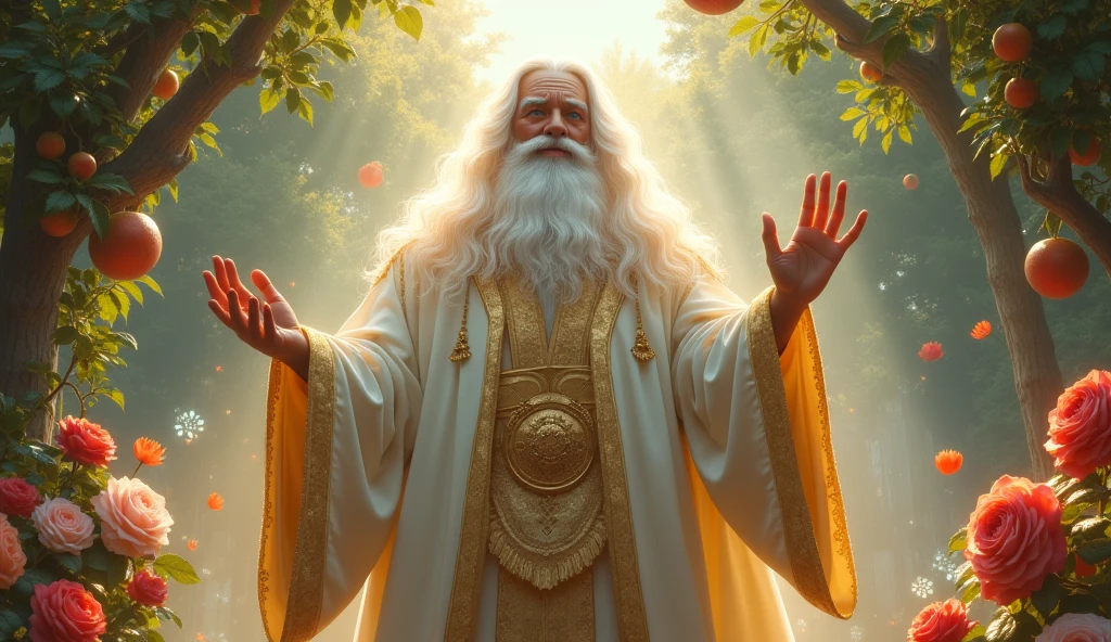 (The best quality,Ultra HD 8K, A high resolution,Ultra - detailed,actual:1.4 ),beautiful enchanted garden of Eden, voluptuous fruit trees in a yellow, red, pink ,(beautiful roses and flower background:1.4 ), score_9, score_8_above, score_7_above, score_6_above, classification_explicit, super gigantic God the Father, ((ancient of days:1.2)), white hair, white beard, white and gold robe full, ((gold linen:1)), (towering height tall over trees, long robe: 1.2),(Face details: 1.5, bright blue eyes, beautiful face, beautiful eyes, iris coating, pale and sharp eyebrows, long, white eyelashes), (perfect hands detailed : 1.5), (( vast and paramount oriental features: 1.6)), ((ultra detailed:1.5)), sensual smile, brillantes., Attractive hair:1.2, ((beautiful and detailed hair., soft and shiny hair:1.3)), warm tone, afternoon sunlight, Ultra-realistic 8K, The portrait, Very detailed 32k digital art, beautiful digital artwork, cyberpunk. ((colors, vegetables, rosa, Brown: 1.2)), Realistic 8k digital art., soft neon lighting on his face and body, ((Very detailed: 1.4), ((masterpiece)), (hyper detailed and beautiful: 1.3), (photorealistic: 1.4),( perfect anatomy), ,(Enchanted garden of Eden background:1.4 ), (dynamic pose), (estilo encaje lioferie white :1.4), (back view, back view),of_DeepNegative_v1_75t, super gigantic God looking down on the garden of eden. (master part, absurderes, highres, ultra detaild), 1 men, God Almighty, wavy blond hair, grown-up, blue colored eyes, white beard, male focus,Face pretty, white robe clothes, enchanting, Lovely, detailed eyes and face, 32K UHD, RAw style, in the garden of eden, gigantic man