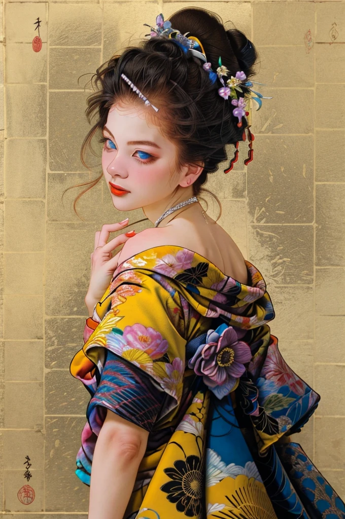 Different colored hair、Ichiro、 One Girl, solo, blue eyes, Black-haired, hair ornaments, I was hugged, Cleavage, Mid-breasted, Floral, generally, kimono, Off the shoulder, Manicure, compensate, lipstick, Yellow background, Red Claw, eye shadow, Floral, Hairpin, Hairpin, comb,