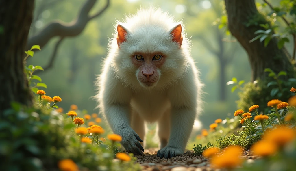Front view,There is a wild beast in the osmanthus forest,Looks like a monkey but has white ears,Walk upright like a human(best quality,4K,8k,High level,masterpiece:1.2),Ultra Detailed,(lifelike,Photo real,Photo real:1.37)