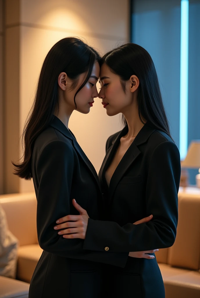 (business suit:1.4)、Beige interior, Leather seats and blue LED lights 、Highest quality、The most exquisite、(Two Japanese girls:1.4)、(1:1.4)、(Lesbian:1.4)、(Trying to kiss:1.4)、Professional Lighting、Highly detailed face、