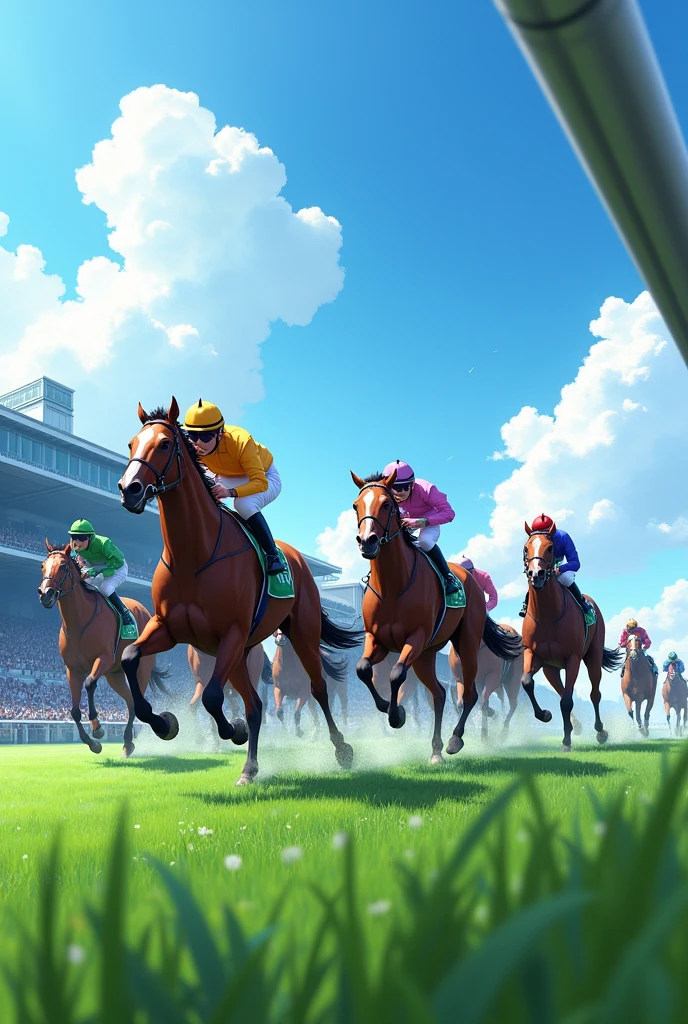 Tokyo Racecourse,Sunny,blue sky,12 horses in the race,The goal scene,Turf,A lot of people are watching,A lot of people,Image from the auditorium,(Close-up),(Highest quality,High resolution,Masterpiece,8K),