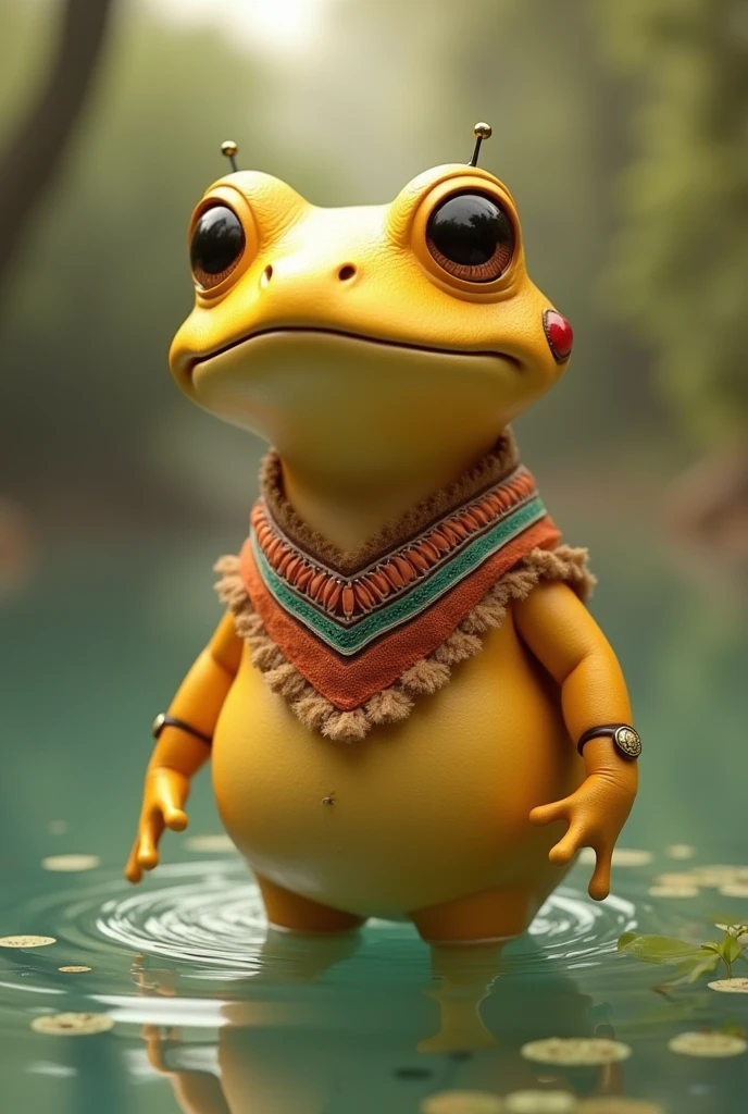 A 3D animation of a cute and tender golden frog with a large and majestic humanoid body that lives in a lake or in the water and has a frog face and typical clothing from the Andean region of Colombia and is a young and cute girl.
