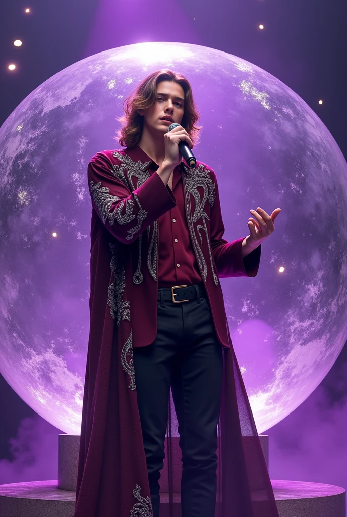 artwork best quality realistic image handsome american male ager long brown hair flying fair skin with burgundy button down shirt and black pants with coat cape and hood on head in burgundy color with intricate silver details shining. the teen is inside a giant crystal ball and singing with a microphone in his hand with purple lights around him illuminating him intricate details seen from afar in a show with details uhq details 8k realism