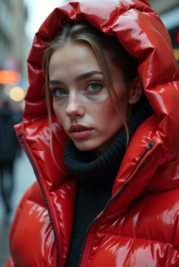 a slim ponytail girl,beautiful detailed eyes,beautiful freckles,beautiful detailed lips,extremely detailed eyes and face,longeyelashes,in beautiful detailed hooded formfitting duvetica overfilled shiny hyper gleamy hyper thick glossy unsealed puffer jacket covering her sealed hyper padded puffer vest,latex glossy stirrup legging, puffy boots,symmetrical,walking in a pufferstore,masterpiece,cinematic,lifelike,hyperrealistic,8k,photorealistic,highly detailed,intricate,exquisite,elegant,beautiful,stunning