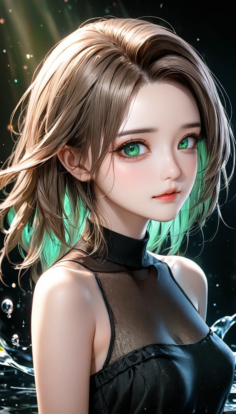 cool beauty, (attractive and seductive) and (amorous and lewd) face, fleeting and sad expression, brown messy layered straight hair, forehead, make-up, black string dress, glamorous proportions, background dim bar, (ultra detailed, absolutely resolution, best quality:1.3), 2.5D, delicate and dynamic effects, lighting effects, artistic, hyper, graphic CG digital art, BREAK watery green eyes