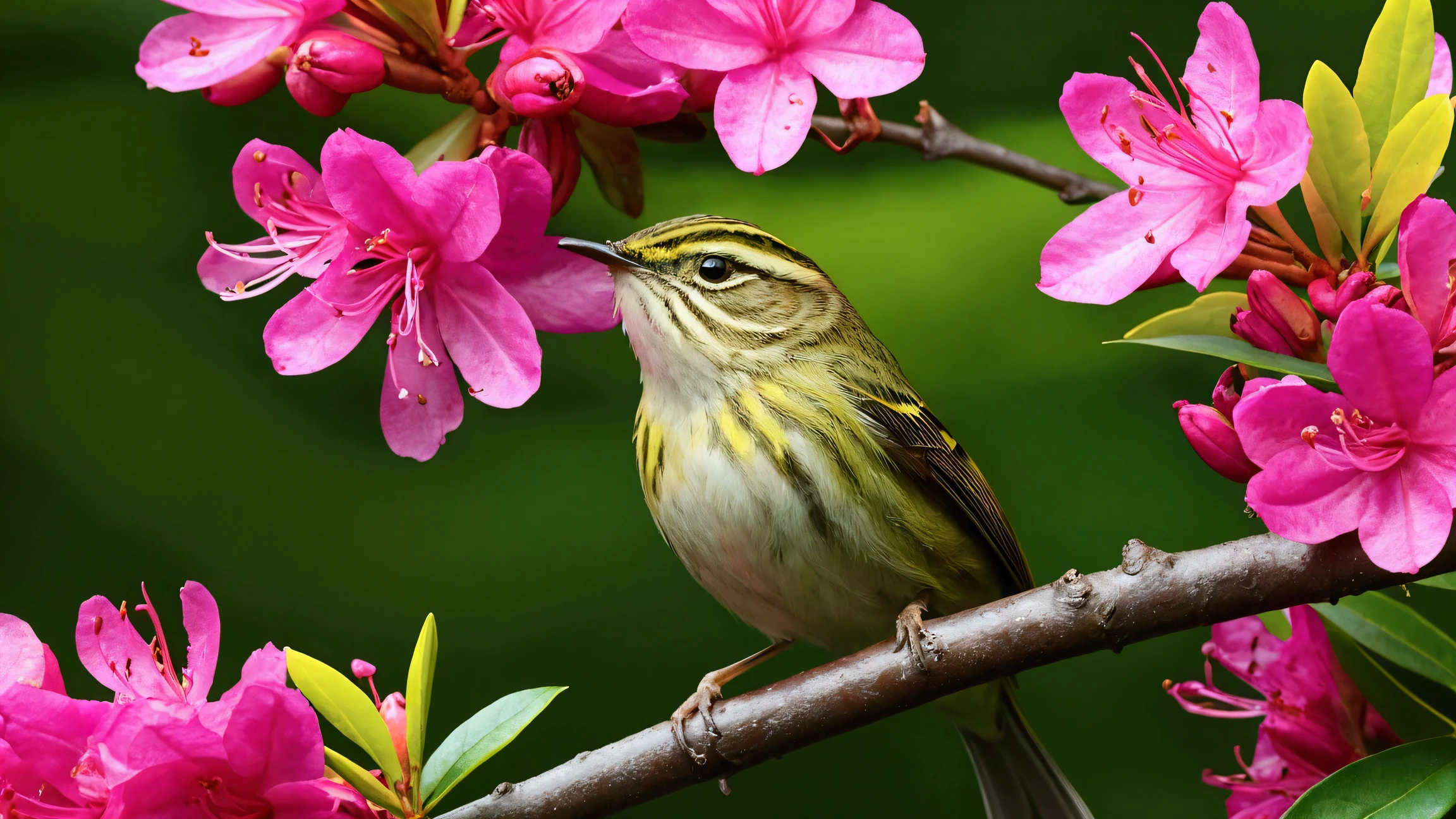 Ultra-high-definition 8K close-up photo of a Pallas's Leaf Warbler perched gracefully on a rhododendron branch. The bird is in a beautiful pose, surrounded by lush green leaves and vibrant clusters of yellow and pink rhododendron flowers in full bloom.