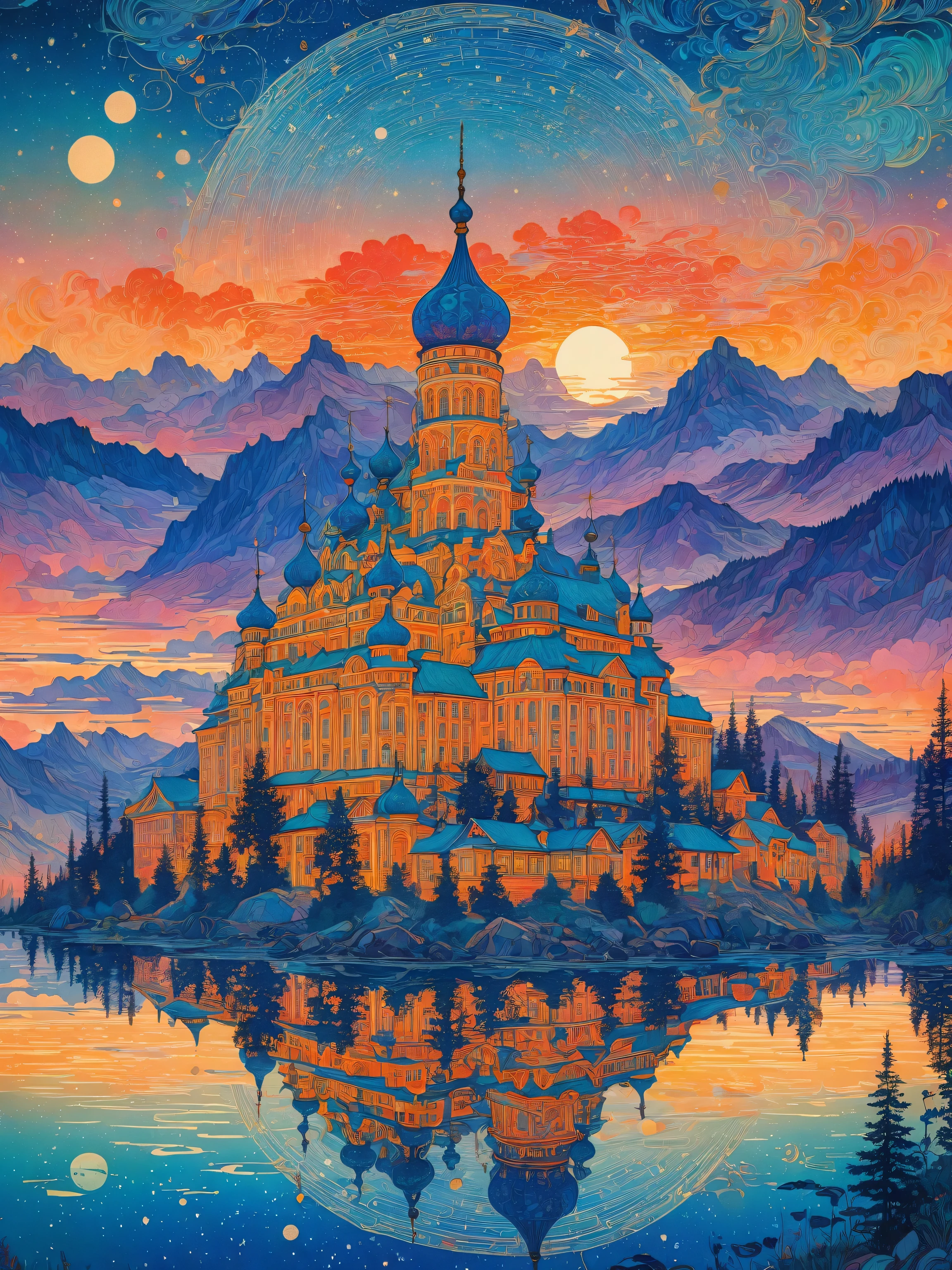 Close-up of a poster，The background is a building, A starlit city at sunset, Ivan Bilibin (Ivan Bilibin) of inspiration, Grainy Risograph Matte, Sacred City | illustration, inspired author：Igor Grabar, slav epic, Magical Soviet town, author：Igor Grabar, Inspired by Vasily Maksimov, Andrei Ryakin (Andrei Ryabushkin) of inspiration