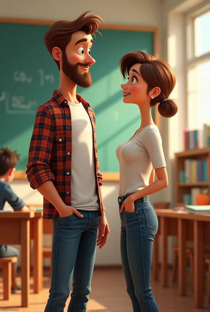 Disney Pixar style cover of a handsome man, high, thino white tea, brown hair combed to the side, with beard, green eyes, with jeans, plaid shirt, black boots in a classroom of a tall beautiful woman, thin, white tea, short, very short light brown hair, with a long fitted dress and white tennis shoes