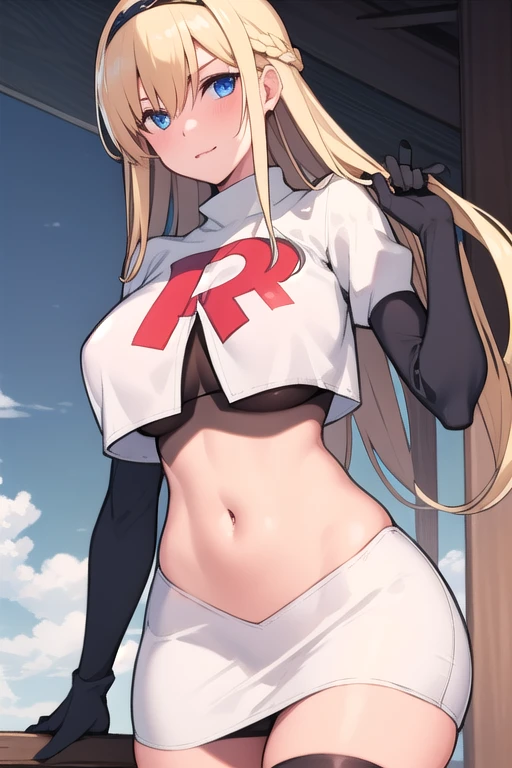 masterpiece, best quality,simple eyes,outdoors,1girl,north carolina,bangs, blonde_hair, blue_eyes,large breasts, eyebrows_visible_through_hair, hairband, long_hair, long_sleeves, looking_at_viewer, team rocket,team rocket uniform,white skirt,red letter R,crop top,black thigh-highs,black elbow gloves