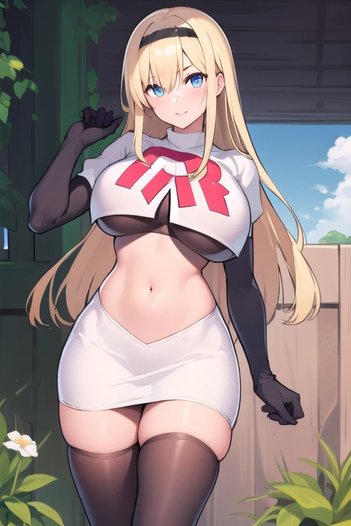 masterpiece, best quality,simple eyes,outdoors,1girl,north carolina,bangs, blonde_hair, blue_eyes,large breasts, eyebrows_visible_through_hair, hairband, long_hair, long_sleeves, looking_at_viewer, team rocket,team rocket uniform,white skirt,red letter R,crop top,black thigh-highs,black elbow gloves