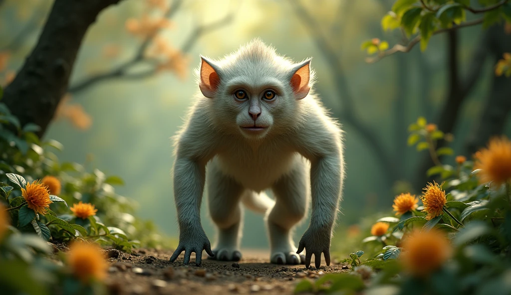 Front view，There is a wild beast in the osmanthus forest，Looks like a monkey but has white ears，Walk upright like a human（best quality，4K，8k，High level，masterpiece：1.2），Ultra Detailed，（lifelike，Photo real，Photo real：1.37）