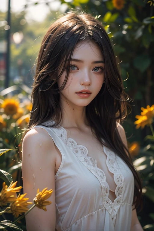 (masterpiece:1.3), (best quality:1.1), (8k, ultra detailed, ultra high res:1.2), ((anime style)), perfect 5 fingers, perfect anatomy, 1girl, long hair, black hair, Double eyelid, outdoor, outside, sunflower field, upper body, 