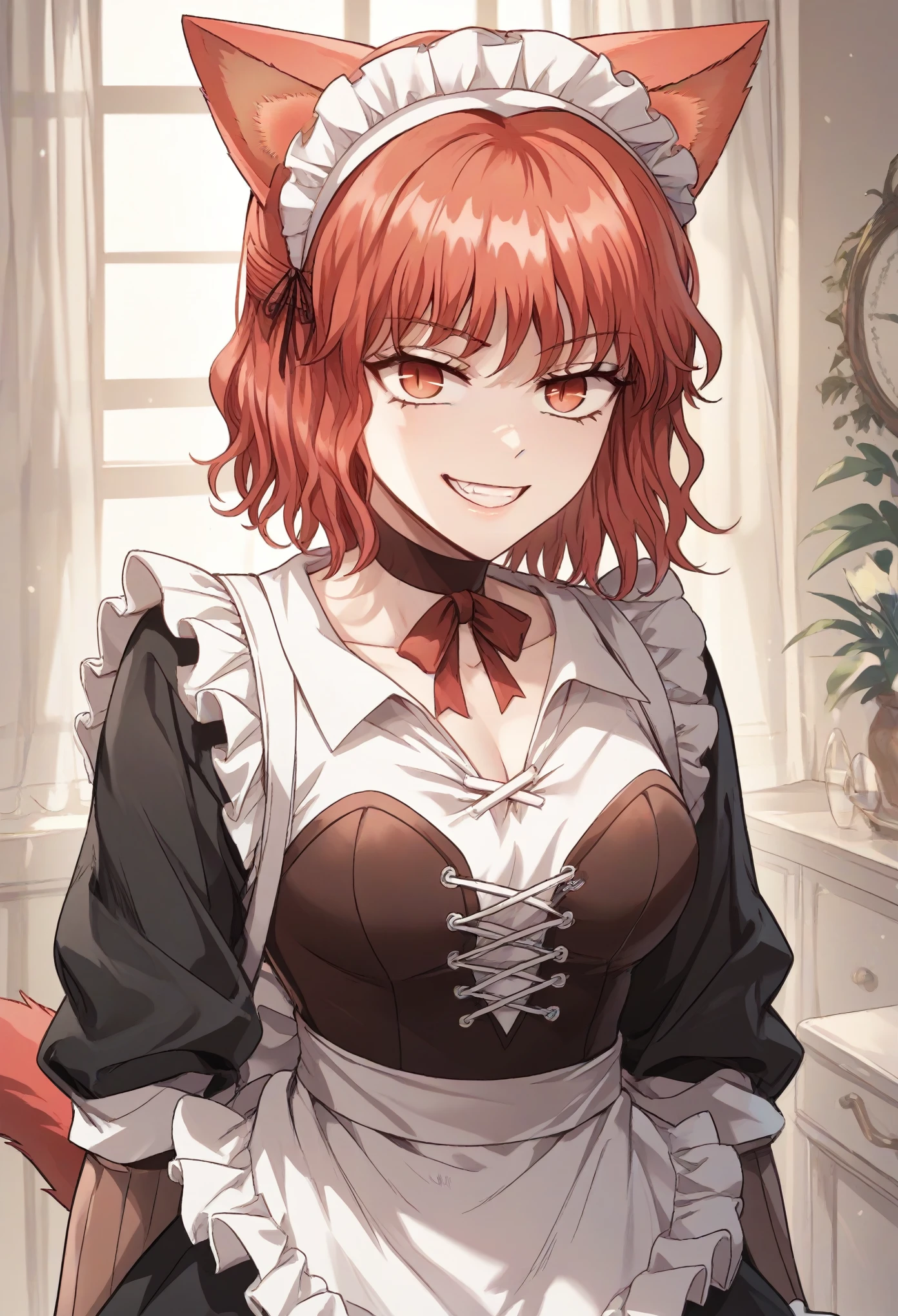 kMisshaKarlstein, cat woman, red eyes, red hair, short hair, maid headdress,maid outfit, ribbon, evil smile, grin, light smile