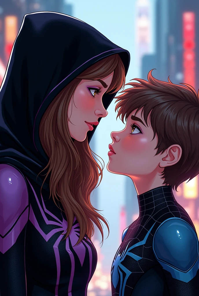 Pretty long brown haired girl with brown eyes wearing a black and purple hooded spiderman suit in love with a spiderman boy in a black and light blue suit. Marvel style comic panel