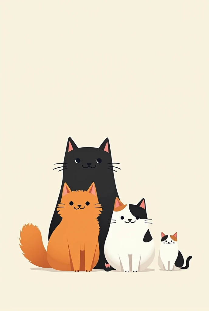 create me a wallpaper of 4 cats together 1 orange with white with lots of hair, 1 big chubby black guy , 1 large white with brown and black and 1 small white with black in minimalist drawing style 