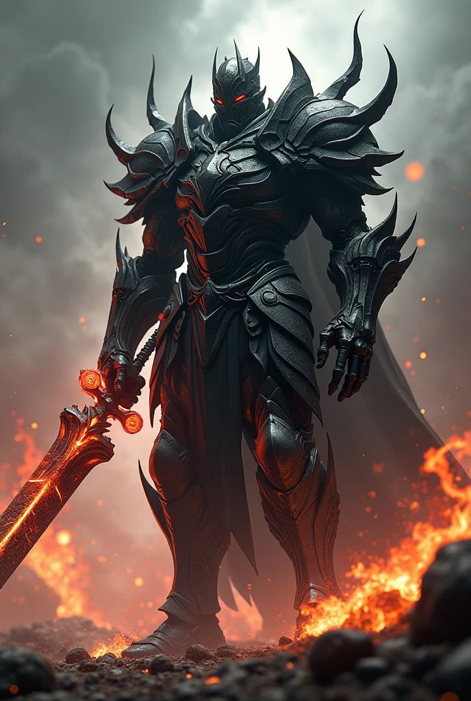 Un personnage redoutable, en armure sombre et effrayante. Son épée, chaotique, crépite d'énergie destructrice. Il se tient dans un paysage ravagé, entouré de tempêtes et de feux.Résolution Haute, Qualité Meilleure, Details, Modèle HD, Haute qualité,