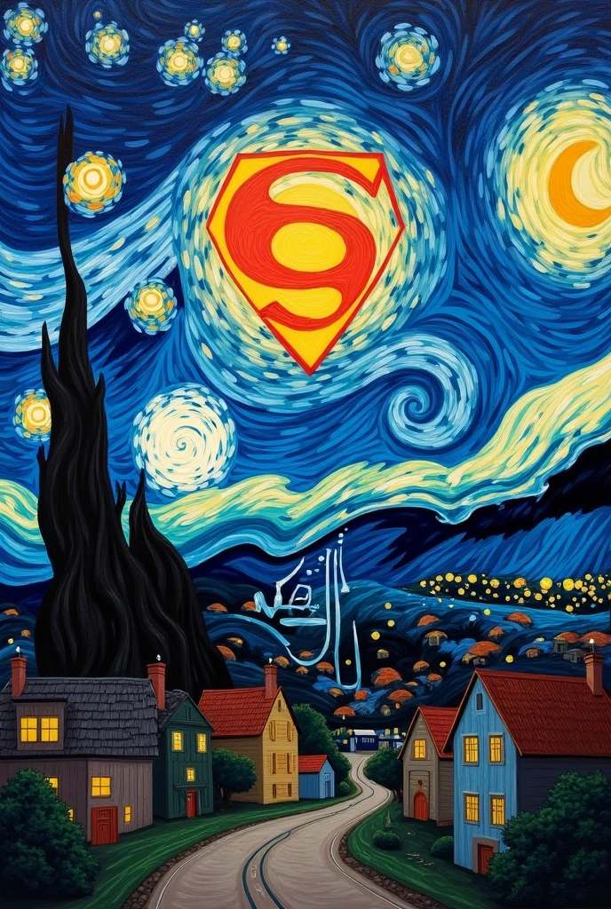 starry night by vincent van gogh with superman logo in the sky

