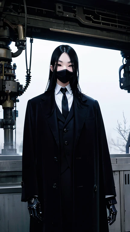 Black Hair、Cold look:1.5、Japanese woman in her 30s、Dark Background、One Cool Lady:1.5、night、whole photo、Dark Eyes、Black gloves、Ominous Machine Lifeform、Nihil、Half of his body is made of machinery、Mechanical Man:1.5、White shirt、black tie