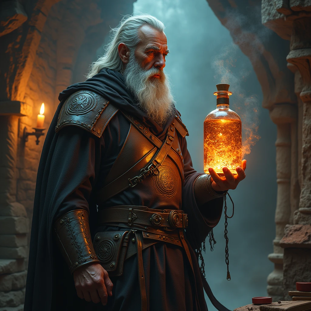 a wizard in leather warrior armor taking a potion
