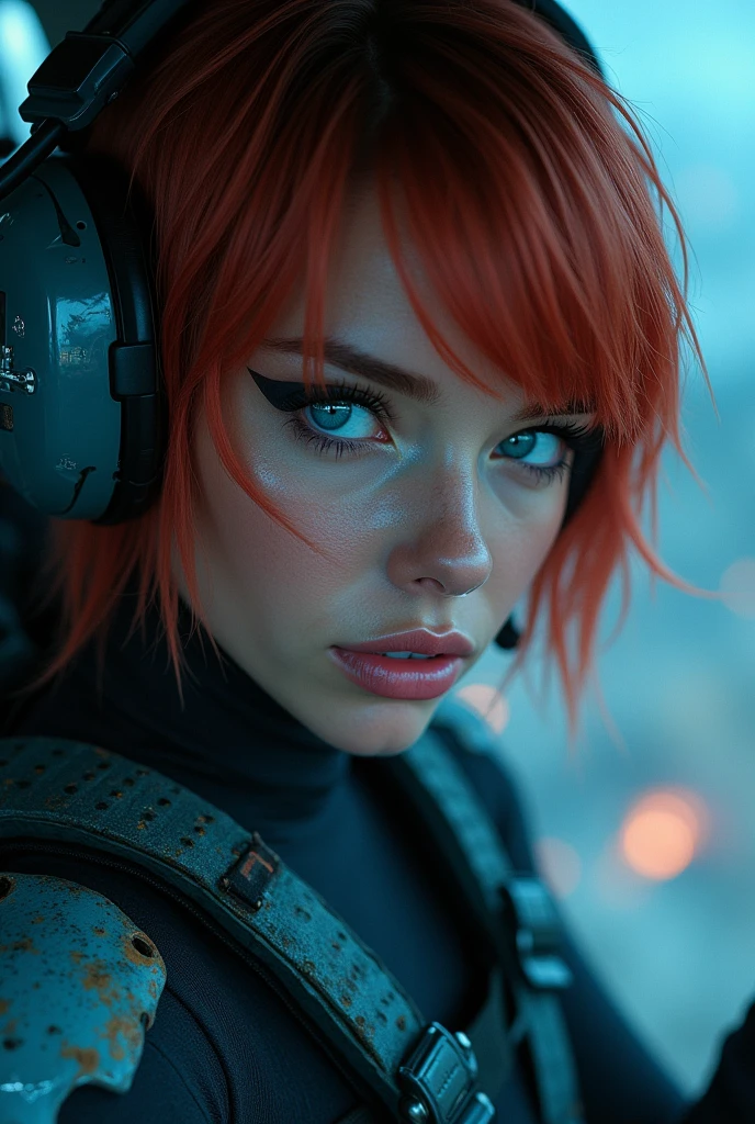 A photorealistic, ultra-detailed close-up image of Regina (beautiful face, supermodel) being lifted to safety in a rescue helicopter, the aftermath of her harrowing mission clear in her expression. Her short straight red hair, and her beautiful blue eyes are tired but relieved. She sits in the helicopter, looking through the window, her black tactical heavy armor bodysuit torn and covered in dirt with the grey armor plating severely damaged. The background shows the facility below, with smoke rising from various points of destruction, and the silhouette of the Tyrannosaurus Rex visible in the distance as it roars in frustration. Inside the helicopter, the atmosphere is tense but filled with a sense of survival and accomplishment, .. creating glowing line spelling out the words "Be careful of bragging friends", glowing blue light, dynamic color, there is line scattered around her, depth of field, dynamic angle