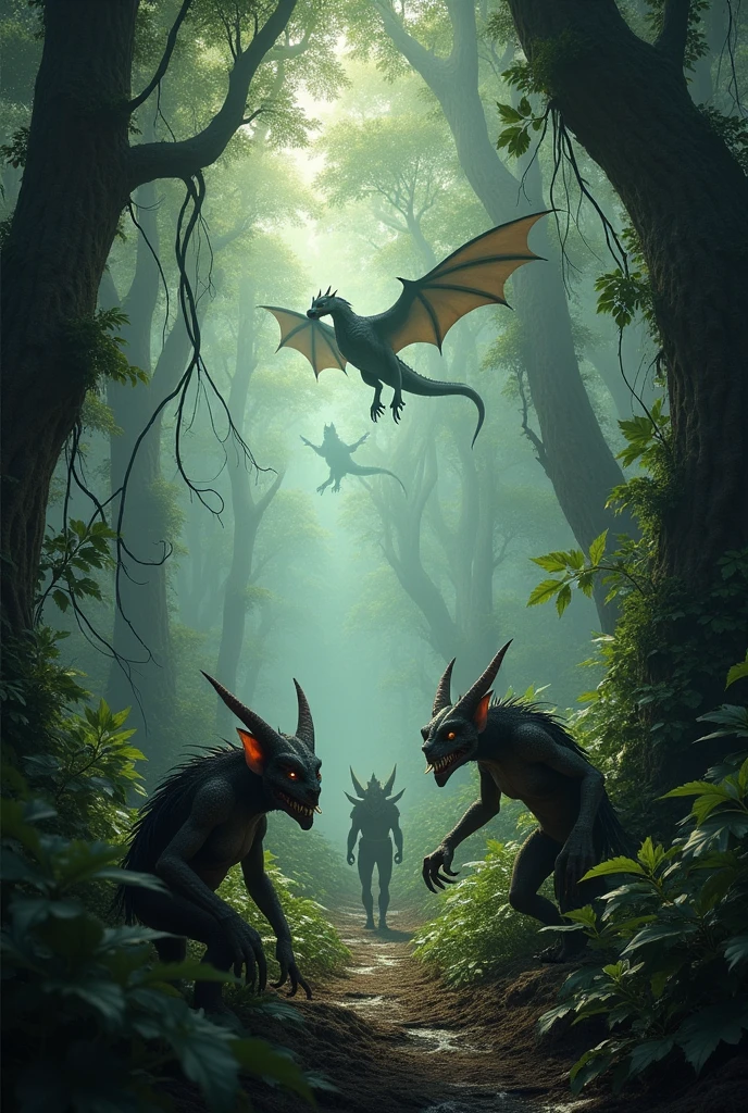 Scenario D&D 5 dark jungle edition with goblns and dragons in the sky