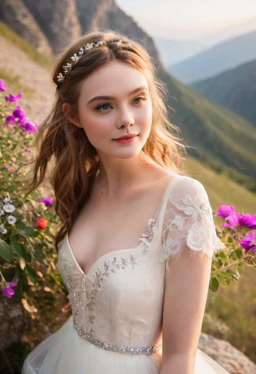 A beautiful young girl stood atop a rocky outcropping, Her hair was swept up in loose curls that tumbled down her back, a subtle hint of makeup accentuated her high cheekbones, full lips, and flawless complexion. As she turned to face the camera, a soft smile played at the corners of her mouth, framing her delicate features and piercing blue eyes overlooking a breathtaking valley below. She wore a flowing wedding dress that billowed gently in the breeze ,the lace was delicately embroidered with tiny flowers and vines, while the hem was adorned with sparkling crystals that caught the light and glimmered like stars. In the foreground, a bed of wildflowers added a pop of color to the scene, with vibrant hues of pink, purple, and yellow. Bees buzzed lazily from blossom to blossom, collecting nectar in the golden light of the setting sun. The sun was setting behind the mountains, casting a warm orange glow across the vast landscape.