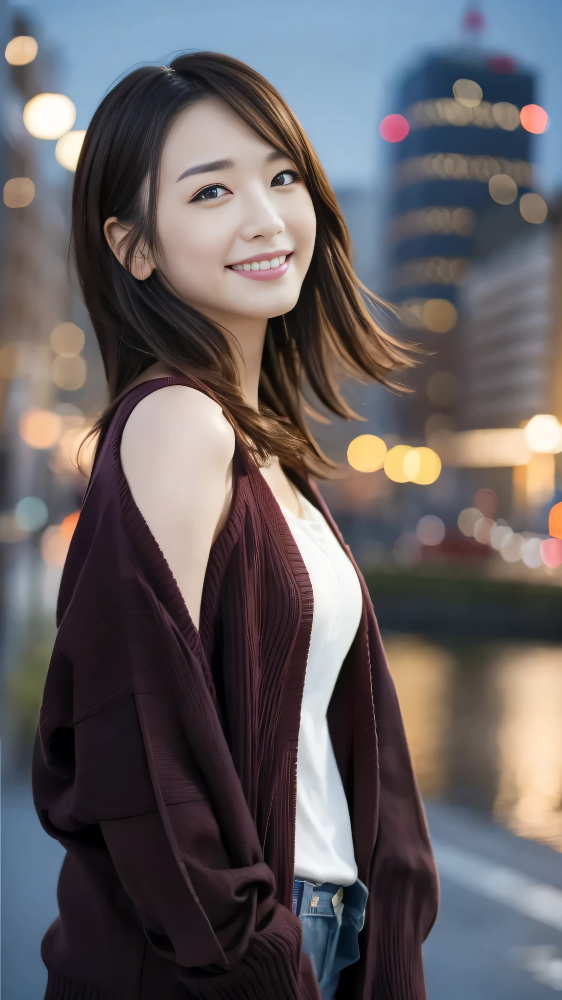 (Surreal), (High resolution), (8k), (Very detailed), (Beautiful and detailed), (Highest quality), (Very detailedな), (masterpiece), (Detailed face), Soft Focus、Yui Arakaki's face、Huge 、Japanese、City background、Tie your hair、Laughter、camisole、Long sleeve cardigan、Full body shut、Brown Hair、The best smile、One screen, one person、Only one person
