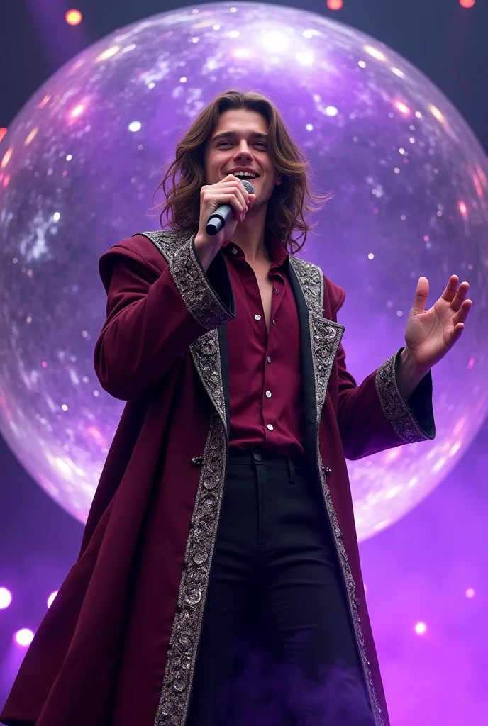 artwork best quality realistic image handsome american male ager long brown hair flying fair skin with burgundy button down shirt and black pants with coat cape and hood on head in burgundy color with intricate silver details shining. the teen is inside a giant crystal ball and singing with a microphone in his hand with purple lights around him illuminating him intricate details seen from afar in a show with details uhq details 8k realism