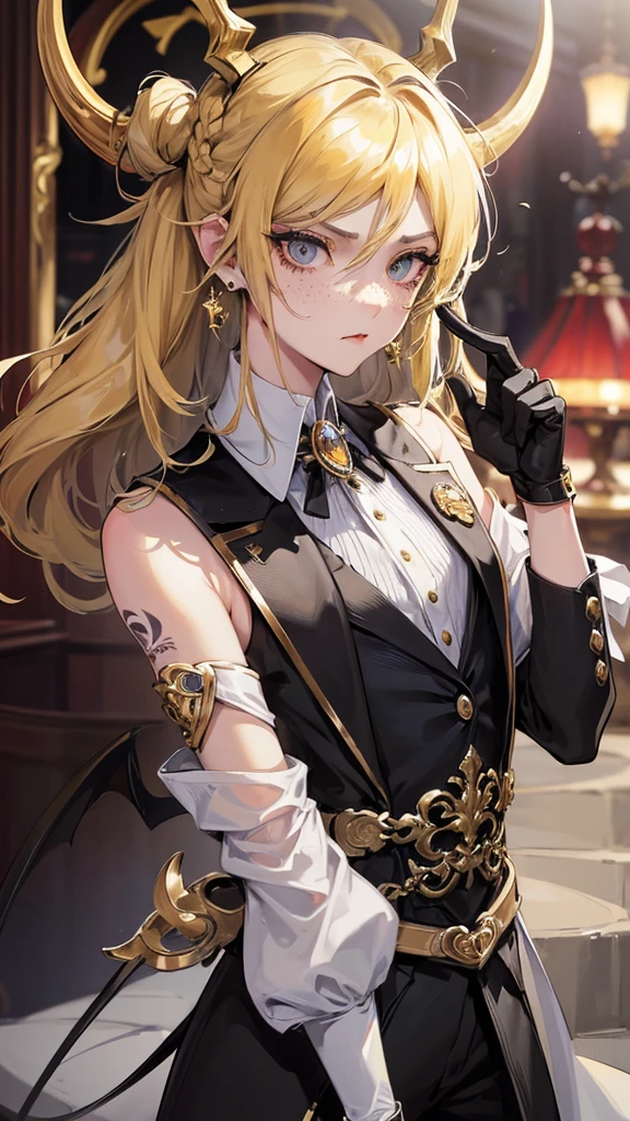 1 boy, anime, high quality, intricate details, futuristic, androgynous, casino setting, elegant, suit, messy hair, blonde hair, gloves, stern expression, waistbelt, brooch, freckles, demon horns, messy hair, earrings, tattoos, black eyes, pout, effeminate, small braid