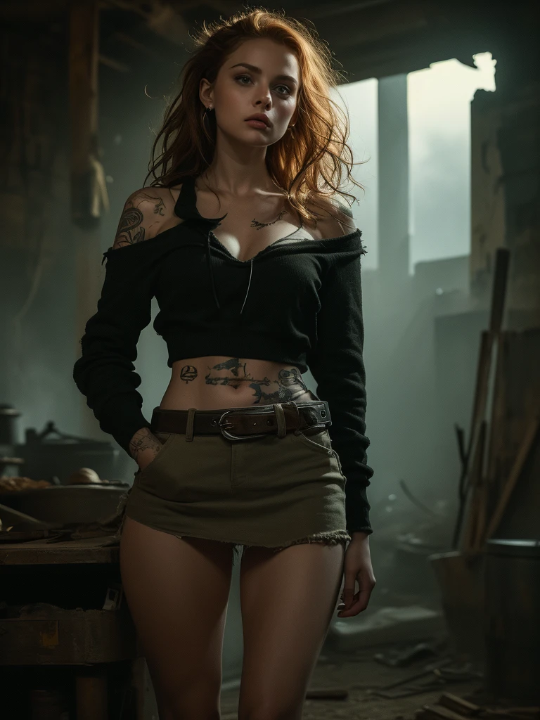 very detailed, 16K high resolution, incredibly detailed image, cinematic, best quality, masterpiece, realistic, detailed face, detailed background, dramatic lighting, A girl, 2, she is alone, beautiful, natural ginger hair, straggly and messy wavy hair. Extremely detailed facial expressions with sharp and piercing green eyes. A delicate, slightly cheeky face, subtly made up. ((She is tattooed and pierced, large tubes in her ears.)), She has (very small breasts) and a slim figure, in good shape. Dark lighting conditions, the world is destroyed after a war (end-time mood like in Mad Max). She is in an old destroyed city. Flames and clouds of smoke in the background. She wears worn-out clothes consisting of a torn black, cropped hoodie top, a broken miniskirt and dusty ankle-high boots. She has a belt around her waist. There is a crossbow on her back.