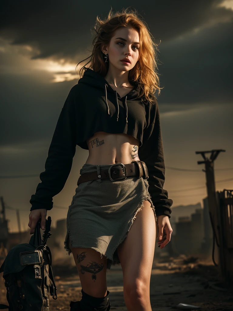 very detailed, 16K high resolution, incredibly detailed image, cinematic, best quality, masterpiece, realistic, detailed face, detailed background, dramatic lighting, A girl, 2, she is alone, beautiful, natural ginger hair, straggly and messy wavy hair. Extremely detailed facial expressions with sharp and piercing green eyes. A delicate, slightly cheeky face, subtly made up. ((She is tattooed and pierced, large tubes in her ears.)), She has (very small breasts) and a slim figure, in good shape. Dark lighting conditions, the world is destroyed after a war (end-time mood like in Mad Max). She is in an old destroyed city. Flames and clouds of smoke in the background. She wears worn-out clothes consisting of a torn black, cropped hoodie top, a broken miniskirt and dusty ankle-high boots. She has a belt around her waist. There is a crossbow on her back.