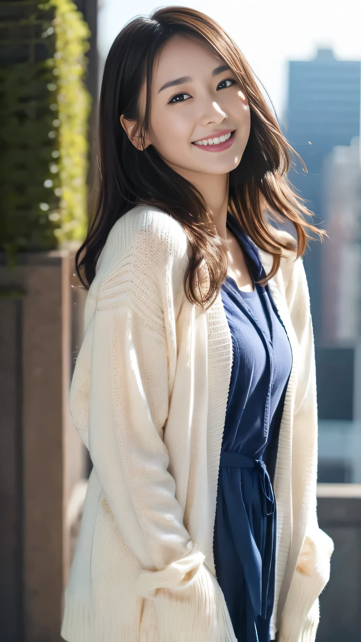 (Surreal), (High resolution), (8k), (Very detailed), (Beautiful and detailed), (Highest quality), (Very detailedな), (masterpiece), (Detailed face), Soft Focus、Yui Arakaki's face、Huge 、Japanese、City background、Tie your hair、Laughter、camisole、Long sleeve cardigan、Full body shut、Brown Hair、The best smile、One screen, one person、Only one person