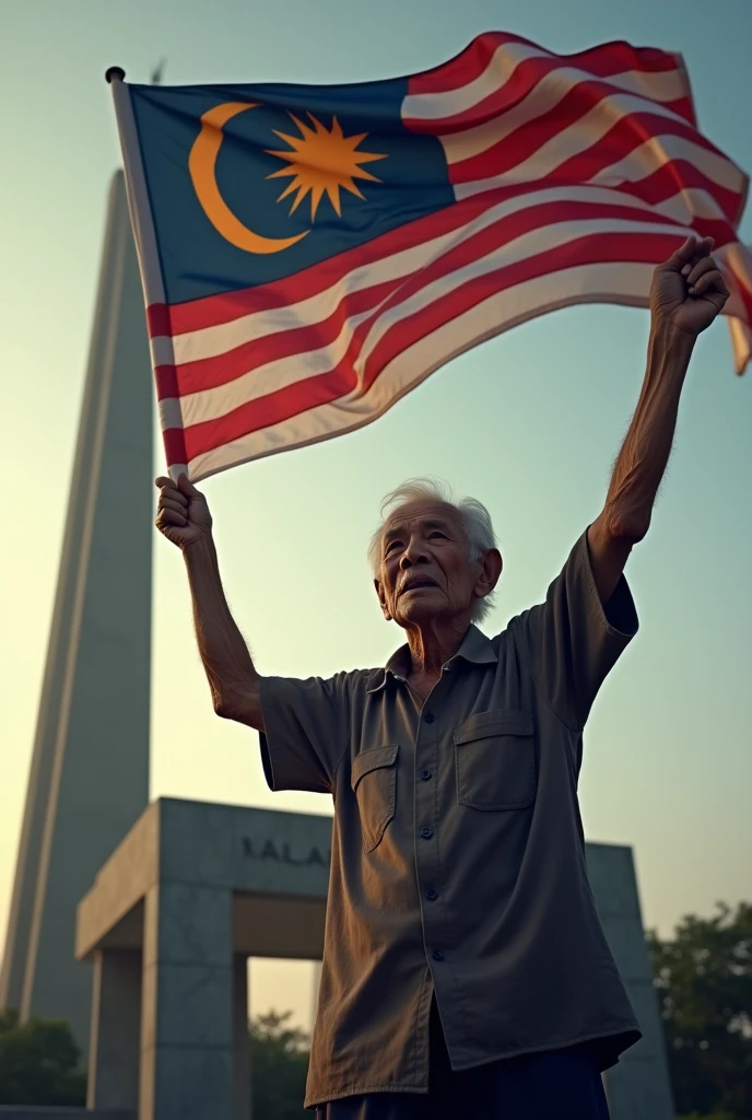 an old man holding a Malaysia flag facing the national monument