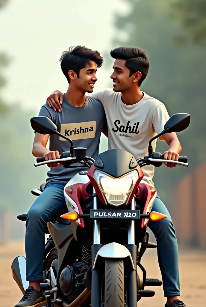 Two boy friends sitting on a bajaj pulsar n160 bike. And on one's shirt Krishna should be written and on the other's shirt Sahil should be written.