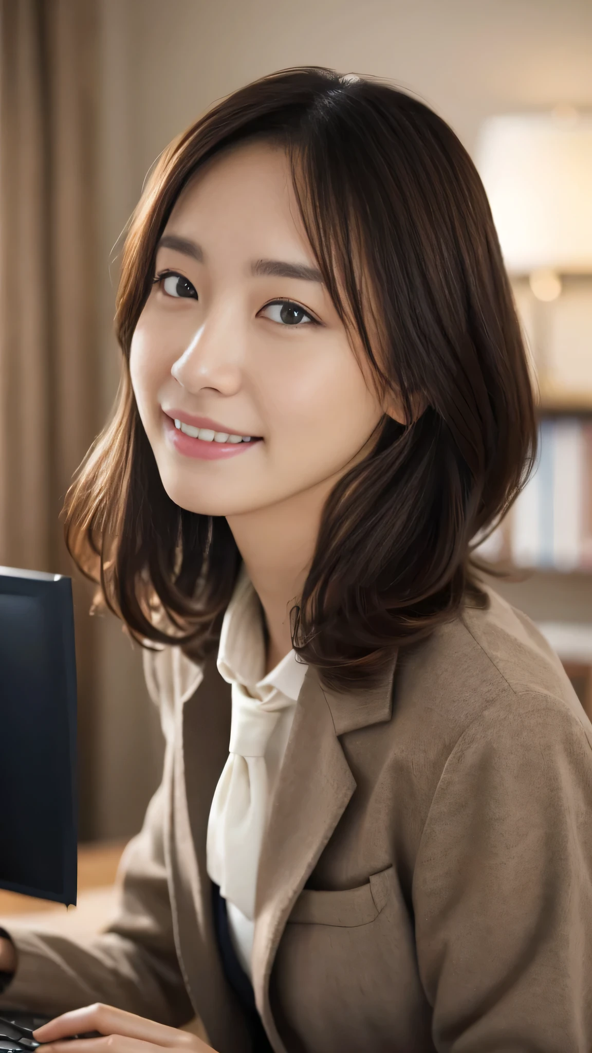 Highest quality, masterpiece, (Realistic:1.4), Super detailed, RAW Photos, One Girl, alone, Laughter, Wearing a suit, Portraiture, whole body, The whole body is shown,Meeting room background, Natural soft light, Bokeh Depth of Field,The window overlooks the park.,Working with a laptop,Speaking with a microphone